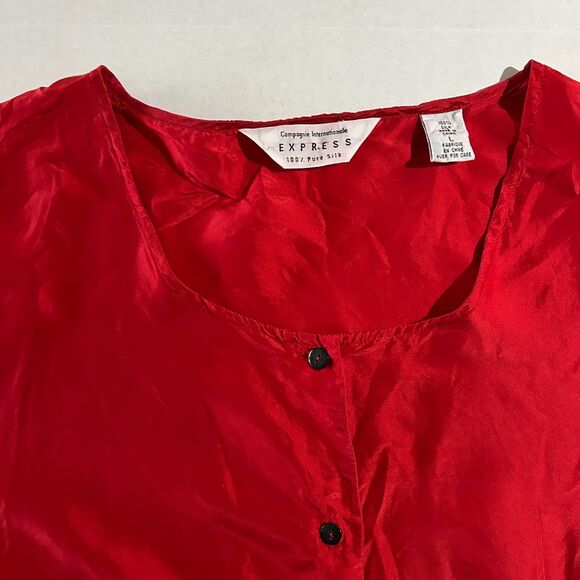 VTG Express, Women's SILK Cranberry Red Pleated Scoop Neck Button Down, sz L - Picture 3 of 5